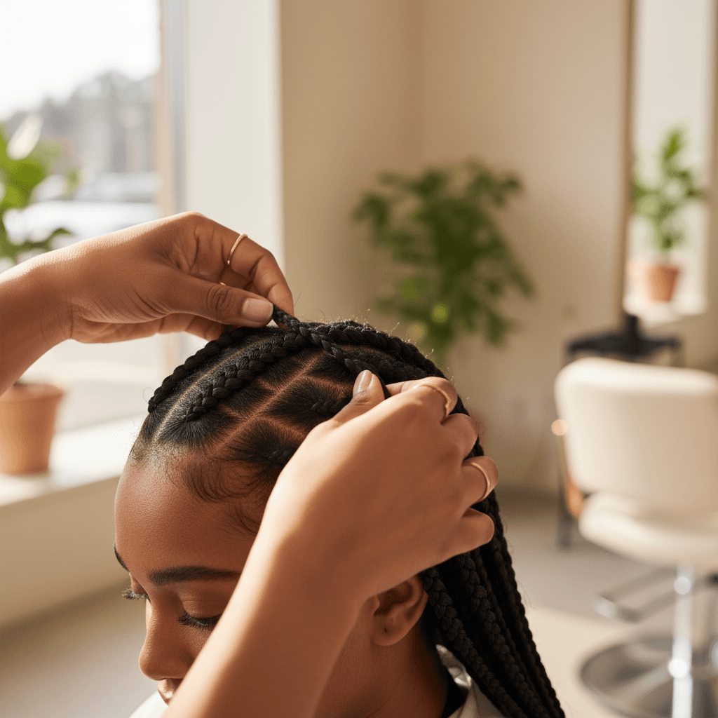 Skilled technician's hands installing intricate box braids into textured hair with precision and care in natural salon lighting