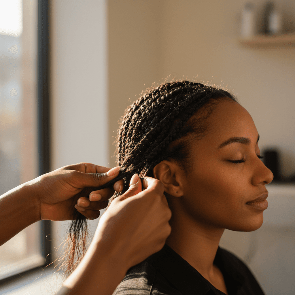 Close-up of braider's hands skillfully creating knotless braids on client's natural hair with focused precision and care