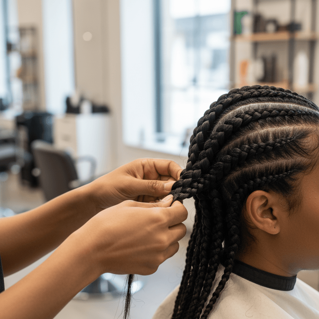 Professional stylist's hands creating detailed cornrow braids with precision and skill in beauty studio
