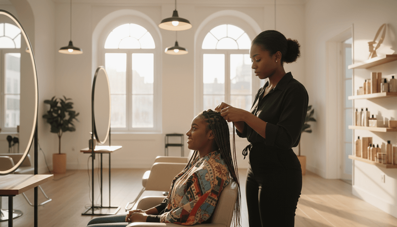 Professional stylist braiding client's hair in bright, modern salon with natural lighting and organized workspace